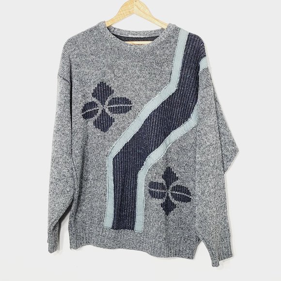 Vintage Sweaters - Vintage Oversized Knit Pullover Sweater Retro Style Crew Neck Abstract Pattern